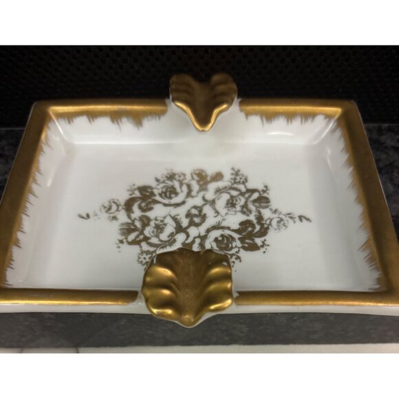 Vintage Porcelain Gold-Trim Ashtray Dish With Floral Design France Hand Painted - Picture 3 of 11